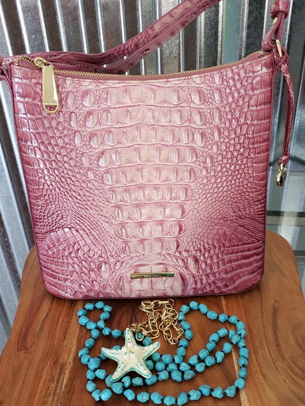 🔥🔥BRAHMIN KATIE EUC .Pink Croc-Embossed Leather Shoulder Bag - Women Bags